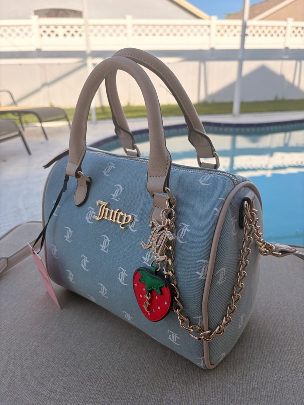 Juicy Couture Denim/ Light Blue Logo Satchel with Strawberry Charm - Picture 5 of 10